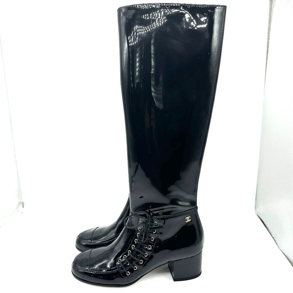 CHANEL 15A Patent Calf Leather Knee High Tall Lace Up Boots Shoes